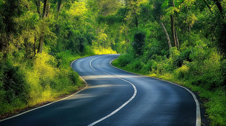 A picturesque curved road weaves through a lush green forest, creating a serene setting ideal for nature lovers and travelers seeking beauty in the outdoors.の素材