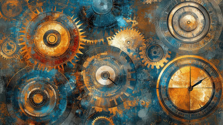 This captivating image features an array of intricate gears and cogs arranged in a steampunk style. The combination of blue and gold textures creates a whimsical yet sophisticated atmosphere, perfect for time-themed projects or artistic inspirations.の素材