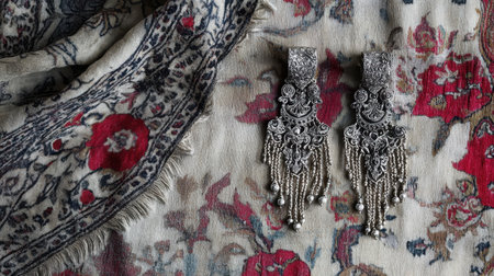 A stunning composition featuring intricate silver earrings beautifully laid on a floral fabric background, showcasing artistic craftsmanship and cultural elegance.の素材