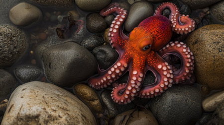A vibrant octopus rests elegantly among smooth pebbles on the sea floor, showcasing its stunning colors and textures in a natural habitat setting.の素材