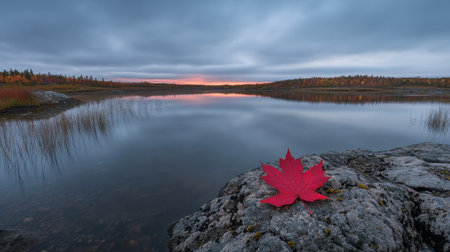 A striking red maple leaf rests on a rock by a calm lake during twilight, surrounded by a stunning autumn landscape and moody sky.の素材