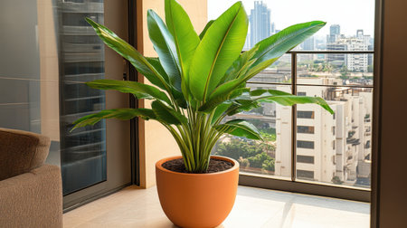 A vibrant green indoor plant positioned in a stylish pot, enhancing a modern apartment's atmosphere with a stunning city view outside. Ideal for creating a serene indoor environment filled with natural light and tranquility.の素材