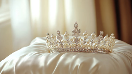 This stunning tiara, featuring pearls and diamonds, is elegantly displayed on a soft satin pillow, capturing the essence of luxury and royalty.の素材