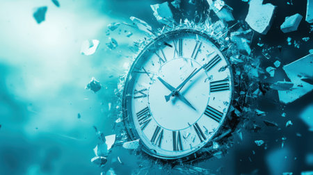 This visually striking image showcases a shattered clock floating in a vibrant blue atmosphere, symbolizing the fragility of time and reality.の素材