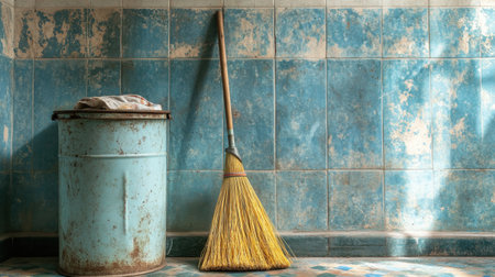 A vintage broom stands against a rustic can in an abandoned interior with textured blue tiles, capturing a moment of solitude and decay.の素材