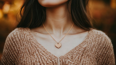 A captivating portrait of a woman in a cozy sweater, showcasing a heart pendant necklace. The warm autumn colors and soft light create a serene and inviting atmosphere.の素材