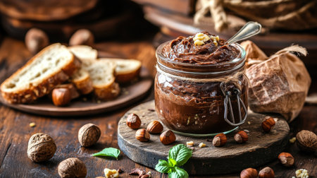 A tempting jar of chocolate hazelnut spread is surrounded by slices of bread, nuts, and fresh mint, creating a delightful rustic food scene.の素材
