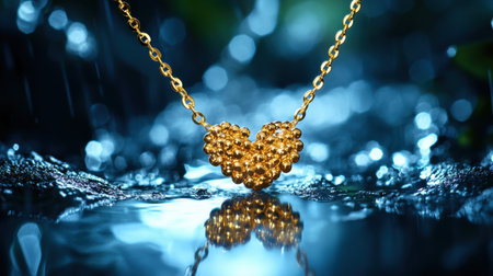 A captivating close-up of a heart-shaped gold pendant necklace resting on a dark, wet surface with shimmering reflections and delicate raindrops.の素材