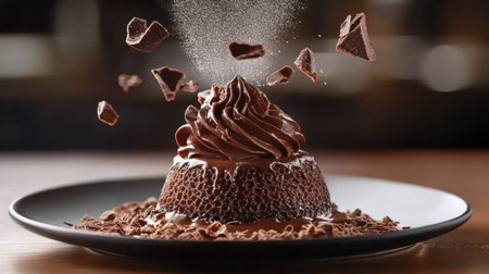 This enticing chocolate dessert showcases a rich, fluffy frosting and elegant cocoa decoration, perfect for food photography or culinary art showcases.の素材