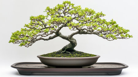 A captivating bonsai tree showcasing vibrant green leaves and a unique branch structure, beautifully potted and perfect for indoor or outdoor spaces.の素材