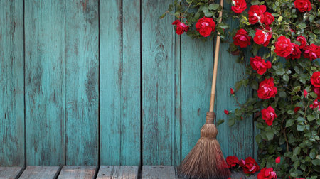 This image features a rustic wooden wall adorned with fresh red roses beside a broom, perfect for capturing the essence of gardening decor in spring.の素材