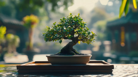 A captivating bonsai tree is elegantly positioned in a tranquil garden, embodying tranquility and beauty. This image captures the art of bonsai cultivation and its serene appeal.の素材
