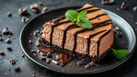 A tempting slice of chocolate cheesecake presented on a dark plate, adorned with mint leaves and drizzled with luscious chocolate sauce for added elegance.の素材