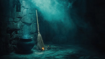 Enchanting scene featuring a broom and cauldron surrounded by smoke in a dark, atmospheric environment. Perfect for themes of witchcraft and mystery.の素材