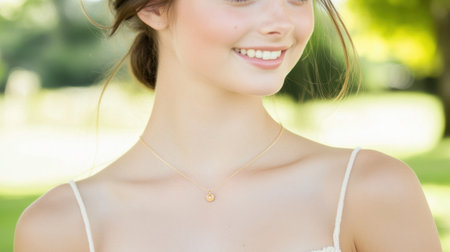 A young woman radiates confidence and charm while smiling outdoors. She wears a simple necklace, embodying natural beauty in a tranquil setting filled with sunlight.の素材