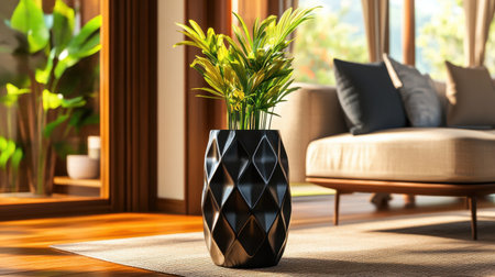 This image captures an elegant black planter filled with lush green plants in a bright contemporary living room, showcasing a harmonious blend of nature and interior design.の素材