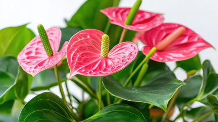 A stunning close-up of vibrant pink anthurium flowers surrounded by lush green leaves, ideal for home decor, floral arrangements, and nature lovers.の素材