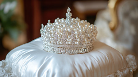 This stunning pearl crown rests elegantly on a plush cushion, embodying luxury and royalty. Ideal for bridal themes and artistic photography.の素材
