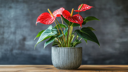 A stunning arrangement of vibrant red anthurium flowers in a textured gray pot, set against a rustic wooden table, perfect for any indoor setting.の素材