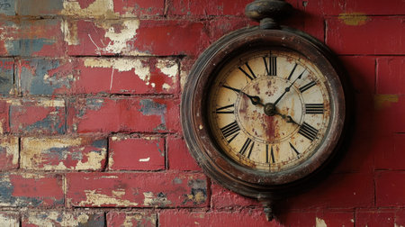 This image features a vintage wall clock mounted on a rustic red brick surface, showcasing peeling paint and weathered textures, evoking a sense of nostalgia.の素材
