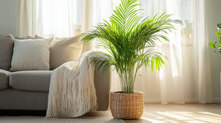 A lush indoor plant stands gracefully next to a cozy sofa adorned with a soft blanket, creating a serene atmosphere in a bright living room filled with natural light.の素材