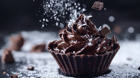 This image showcases a rich chocolate cupcake topped with creamy frosting and adorned with chocolate shavings, set against a dark background. It's a perfect treat for dessert lovers.の素材