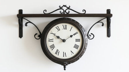 This elegant vintage wall clock features decorative Roman numerals and a stylish metal bracket, perfect for enhancing any home interior with a timeless touch.の素材