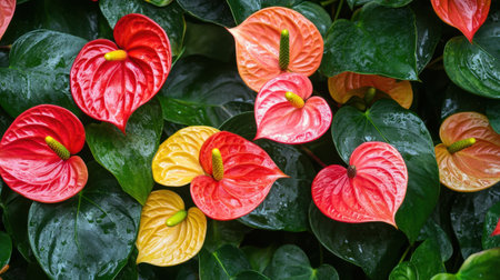 A beautiful display of vibrant Anthurium flowers in shades of red, pink, and yellow set against lush green leaves, showcasing nature's artistic design and tranquility.の素材
