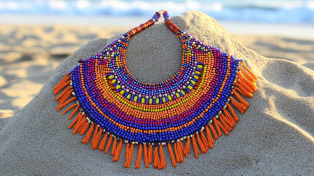 This stunning multicolored beaded necklace showcases intricate craftsmanship against a sandy beach backdrop, evoking a sense of summer and coastal elegance.の素材