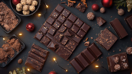 A lavish arrangement of dark chocolate bars, truffles, and decorative sweets set against a festive backdrop. Perfect for celebration and indulgence.の素材