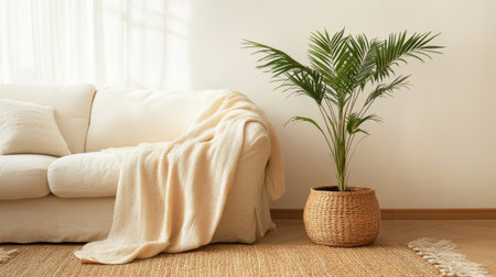 This image showcases a serene living room with a white couch adorned with soft textiles and a lively green plant in a woven basket, creating an inviting atmosphere.の素材