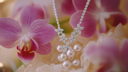 This stunning image showcases an elegant diamond necklace adorned with pearls, elegantly placed among beautiful orchids. The soft floral backdrop enhances the luxurious feel, making it perfect for bridal showcases or fashion displays.の素材