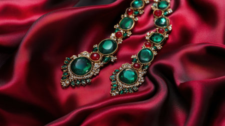 Stunning green and red earrings are artfully displayed on a rich silk fabric background, showcasing intricate craftsmanship and luxurious design elements.の素材