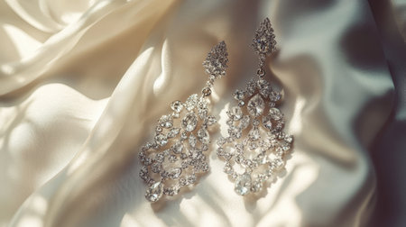 A pair of exquisite silver earrings adorned with sparkling crystals, beautifully displayed on a soft satin fabric background, exuding elegance and luxury.の素材