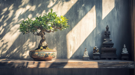 A tranquil scene featuring a bonsai tree and various Buddhist statues, presented in a sunlit indoor setting, emphasizing peace and mindfulness.の素材