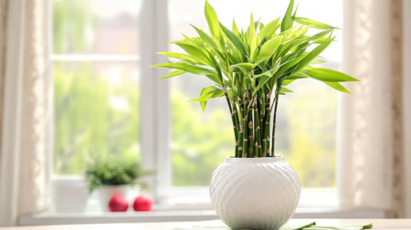 A vibrant bamboo plant in a stylish pot adds a touch of nature to a bright living room, illuminated by warm sunlight through a window. Perfect for decor.の素材