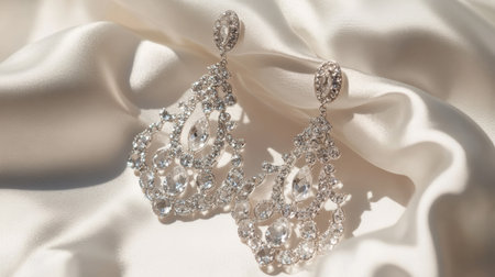 Discover an exquisite pair of elegant silver chandelier earrings featuring intricate designs and sparkling gemstones, perfect for enhancing any outfit or occasion.の素材