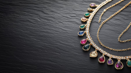 This exquisite gold necklace features a stunning array of colorful gemstones, perfect for adding a touch of elegance and luxury to any outfit. Ideal for fashion enthusiasts.の素材