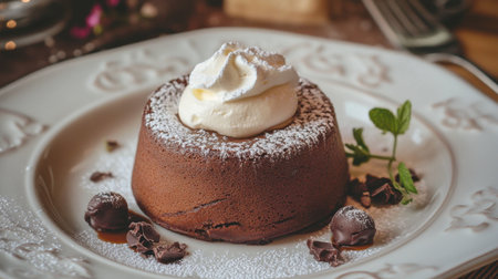 A beautifully presented chocolate fondant dessert topped with whipped cream and fresh mint leaves, set on an elegant plate, perfect for celebrations.の素材