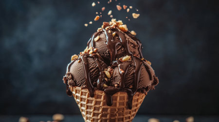 A tempting scoop of rich chocolate ice cream rests in a crispy waffle cone, beautifully topped with chocolate sauce and chopped nuts against a dark background.の素材