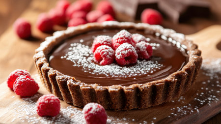 A tempting chocolate tart garnished with fresh raspberries and a dusting of powdered sugar, perfect for dessert lovers on any occasion.の素材