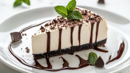 A delectable slice of cheesecake featuring a rich cream filling, drizzled with chocolate, and garnished with fresh mint leaves on a white plate.の素材