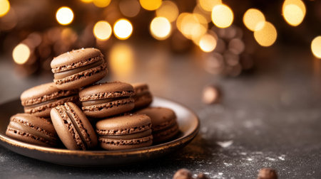 A beautiful display of chocolate macarons elegantly arranged on a decorative plate, surrounded by soft bokeh lights. Ideal for showcasing sweet treats.の素材