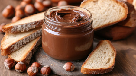 A mouthwatering scene featuring a jar of smooth chocolate spread, surrounded by crisp slices of bread and fresh hazelnuts on a rustic wooden table.の素材