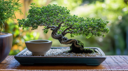 This captivating image features a lush bonsai tree elegantly placed in a simple pot, surrounded by tranquil greenery. Perfect for illustrating peace and nature.の素材