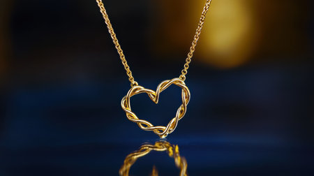 This stunning gold heart-shaped necklace pendant features intricate design elements and shines beautifully against a dark backdrop, symbolizing love and elegance.の素材