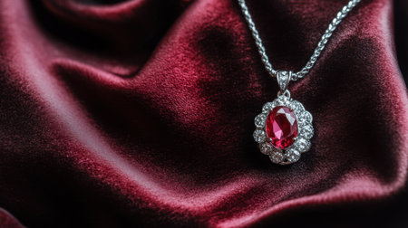This striking necklace features a radiant red gem surrounded by sparkling stones, set against a rich red velvet backdrop that emphasizes elegance.の素材