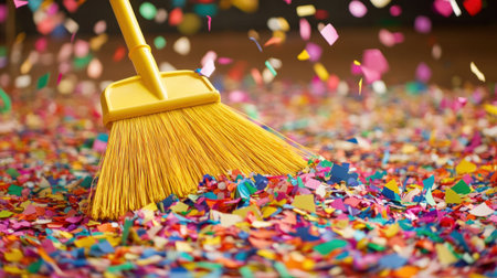 A bright yellow broom sweeping colorful confetti scattered across a wooden floor creates a cheerful scene, perfect for celebrations and parties.の素材