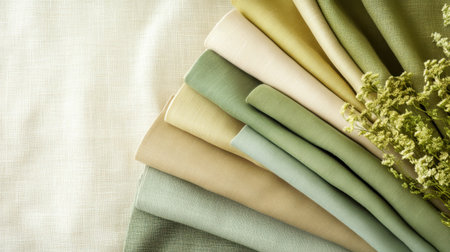 A beautiful arrangement of soft fabric textures in green and beige tones, accompanied by dried flowers, perfect for design and craft inspiration.の素材
