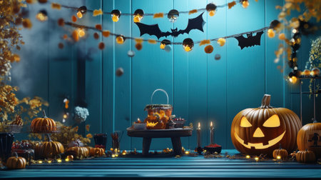 Capture the essence of Halloween with vibrant pumpkins, flickering candles, and playful bats hanging in a festive night scene that invites celebration.の素材